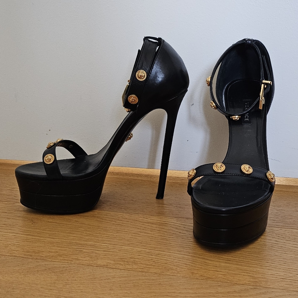 Versace Icon Black Platform Stiletto Ankle Strap Heels Gold Medallion Studs - Picture 3 of 15